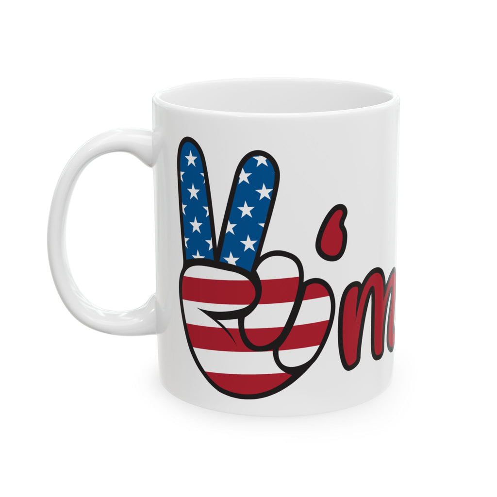 America Peace Sign Mug — Patriotic USA Flag Coffee Cup (11oz & 15oz)